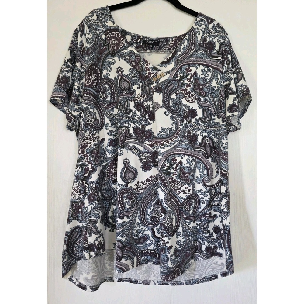 Folunsi Womens 2X Paisley V-Neck Short Sleeve Top Purple Blue Blouse Plus Size